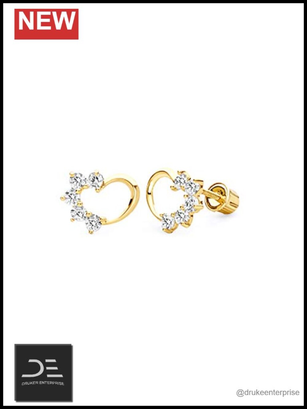 14k Real Yellow Gold CZ Heart Stud Earrings Screw Back